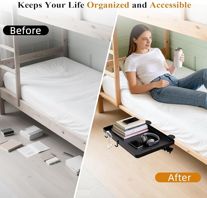 Bedside Bunk Bed Shelf for College Dorm Essentials, Bedside Caddy with Cable Catch & Bedside Organizer, Floating Nightstand for Bed Room, Office, Dorm Room, Metal Beside Tray, Bed Table, Black - Image 6