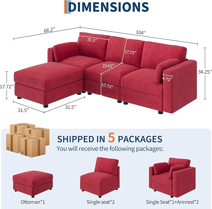 GarveeHome 104" Modular Sectional Sofa, 4 Seater Sectional Couch, L Shaped Sofa with Ottoman, Oversized Convertible Modular Couch for Living Room Apartment Office, Chenille Red