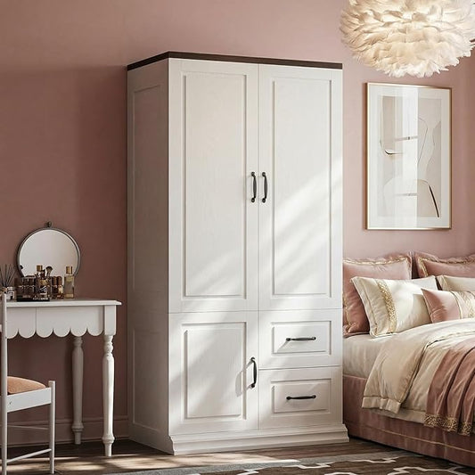 ANCTOR Wardrobe Closet with Drawers, 71.1" H Tall Wooden Armoire with 2 Doors and Hanging Rod for Hanging Clothes, Freestanding Wardrobe Storage Cabinet, Stand Alone Clothing Organizer Closet, White