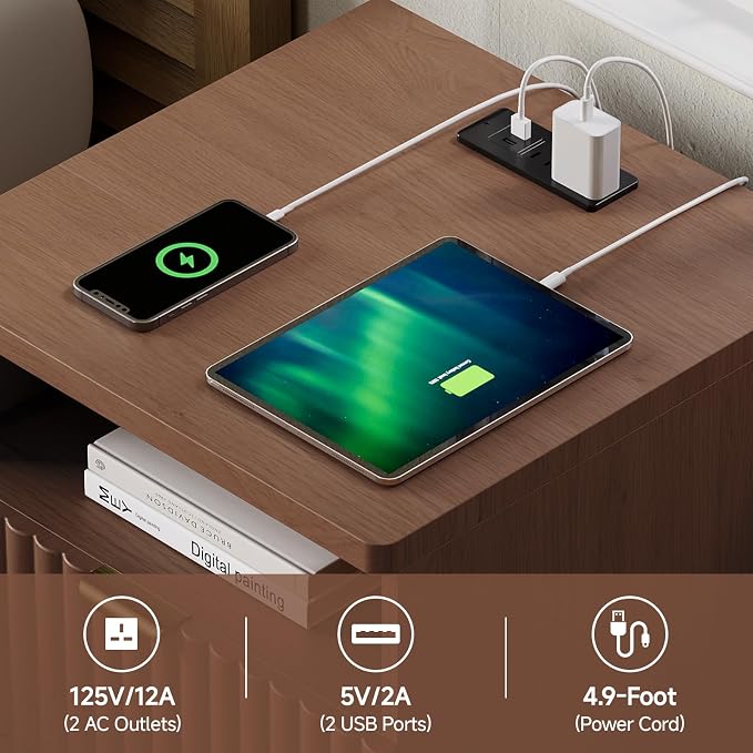 Nightstand with Charging Station, Night Stand with Open Shelf and 2 Drawers for Bedroom, Side Table Bedside Table with USB Ports & Outlets, Small Nightstand End Table (Walmut) - Image 4