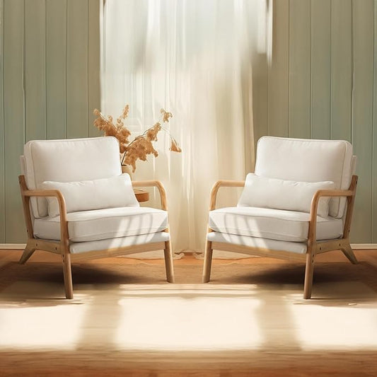 Bonnlo Coarse Beige Accent Chairs Set of 2, Upholstered Mid Century Modern Lounge Fabric Chairs Reading Chairs Side Sitting Chair Solid Wood Farmhouse Armchairs for Living Room, Bedroom, Guest Room