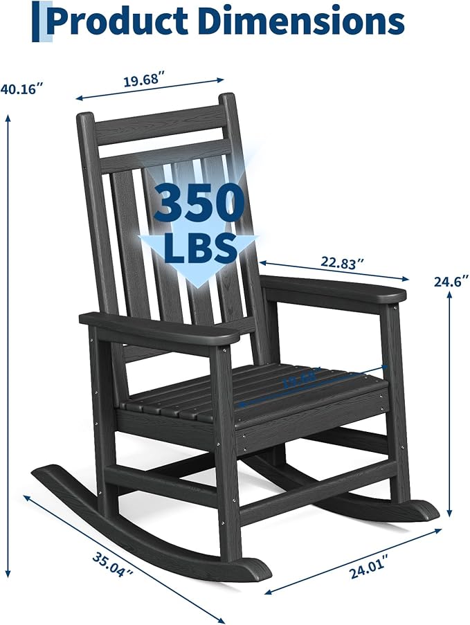 Garvee HDPE Rocking Chair Outdoor Set of 4 - Poly High Back Porch Rocker Chairs for Adults - All Weather Resistant Furniture for Patio Front Porch - Black - Image 2