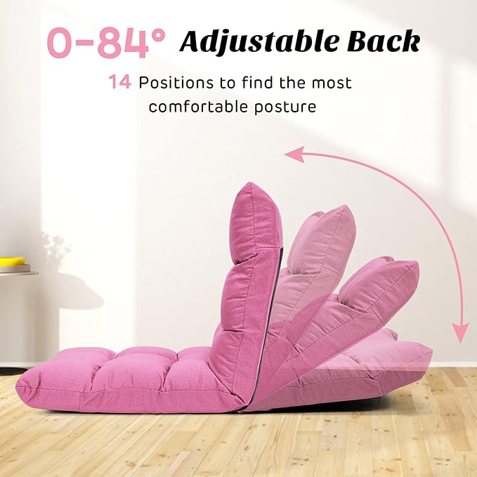 Giantex Adjustable Floor Gaming Sofa Chair 14-Position Cushioned Folding Lazy Recliner High Resilience Sponge, Breathable Cotton & Linen Fabric Sleeper Bed Couch Recliner with Removable Cover (Pink)