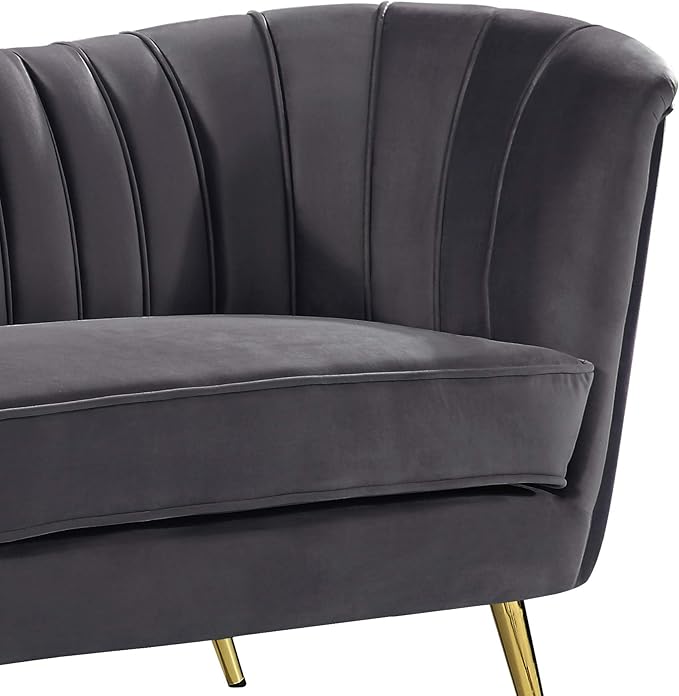 Meridian Furniture Margo Collection Modern | Contemporary Velvet Upholstered Loveseat with Deep Channel Tufting and Rich Gold Stainless Steel Legs, Grey, 65" W x 30" D x 33" H