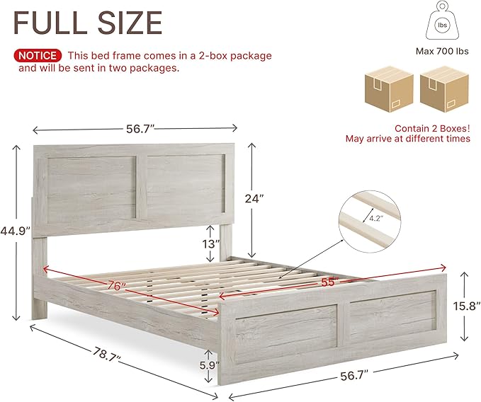 KISLOT Wood Bed Frame, Full Size Wooden Platform Bed Frame with Headboard and Footboard Mattress Foundation Farmhouse Bedroom Furniture No Box Spring Needed