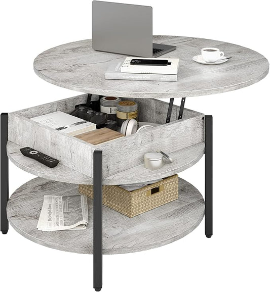 FABATO Round Lift Top Coffee Table, 35.43" Circle Coffee Table with Storage for Living Room Reception Room, Farmhouse 2 Tier Large Round Dining Table, Wood, Gray