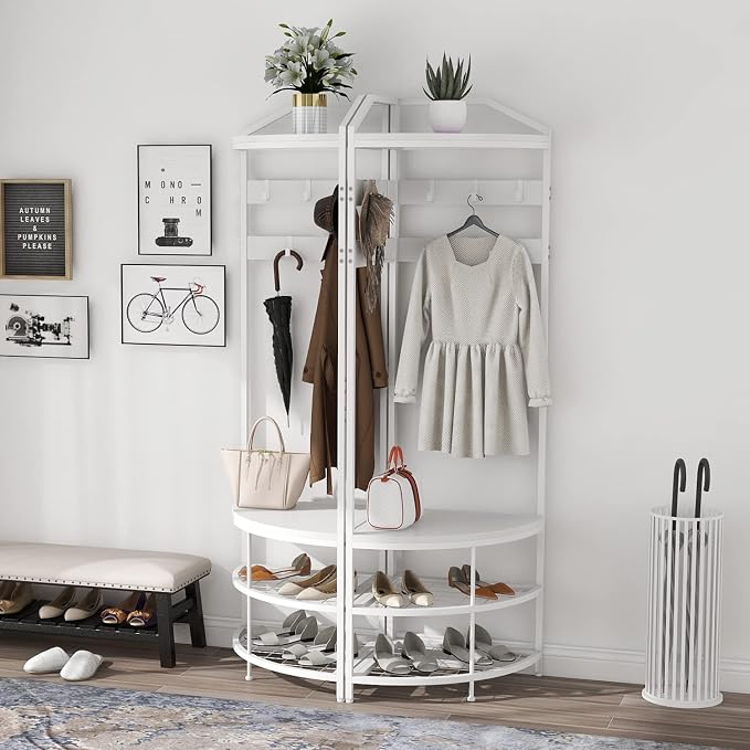 GiftGo Corner Hall Tree with Shoe Bench Entryway Coat Rack with 10 Metal Movable Hooks Freestanding Clothes Rack Shoes Shelf Organizer for Home Office Bedroom (White) - Image 2