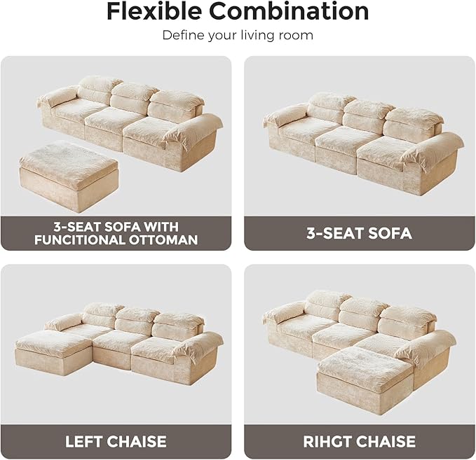 Boneless Couch, L Shaped Cloud Couches for Living Room, Comfy Fluffy Modular Sectional Sofa, Deep Seat Memory Foam Lounger with Left Facing Chaise, Free Combination, Beige