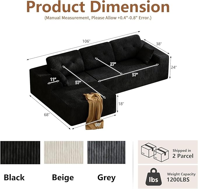 Ball & Cast 106'' Convertible Sectional Sofa for Living Room,Modern Modular L-Shaped Couch,Boneless Comfy Corduroy Fluffy Couch with Deep Seat,Hight Weight Capacity, Black,Left Facing Chaise