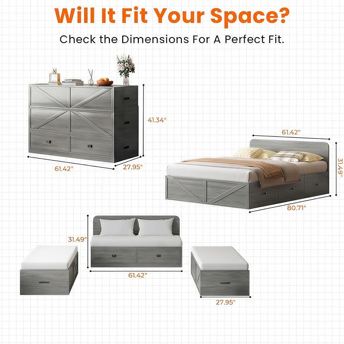 CECER Murphy Bed Queen with Mattress Include，Queen Size Murphy Bed with Storage Drawers，Multi-Functional Desgin that Converts to Sofa Set for Small Spaces/Guest Room/Bedroom（Grey）