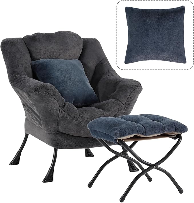 Lazy Chair with Ottoman, Large Blue Gray Accent Chair with Ottoman and FA Throw Pillow, Comfy Plush Reading Chair for Living Room Bedroom Dorm Room Office Apartment Relaxing Use