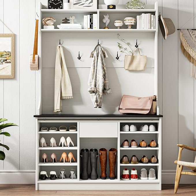 4ever2buy Farmhouse Hall Tree with Bench 5-in-1 Entryway Bench with Coat Rack with Sliding Barn Doors Entryway Coat Rack with Shoe Storage White - Image 3
