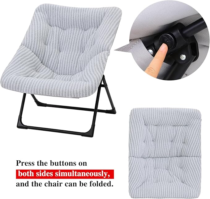 Comfy Saucer Chair for Adults, Soft Faux Fur Bedroom Chair, Accent Dorm Chairs, Flexible Living Room Reading Chairs, Oversized Folding Seat for Teens, X-Large, Stripe Grey