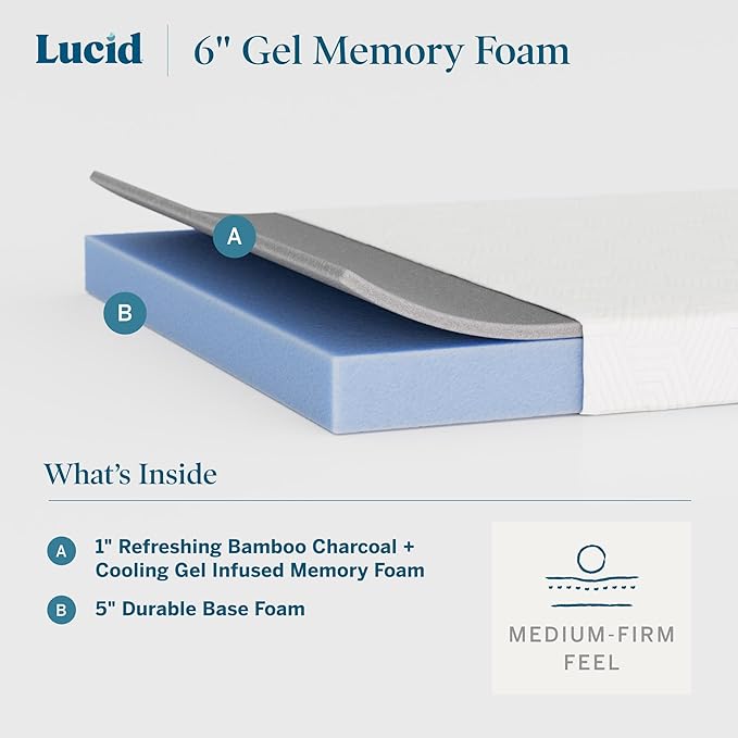 Lucid 6 Inch Memory Foam Mattress – Low Profile – Medium Firm Feel - Infused with Bamboo Charcoal and Gel - Bed in a Box - Temperature Regulating - Breathable - Full Size