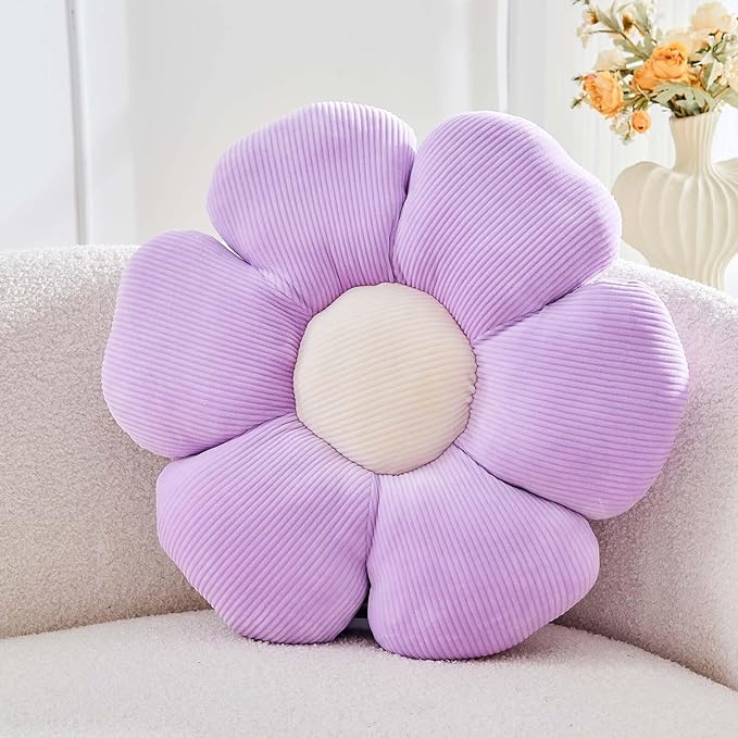 Kcvvcr Lavender Flower Pillow, 17.7" Cute Flower Shaped Floor Pillow, Aesthetic Floral Plush Daisy Decorative Throw Pillows for Bed Sofa Couch