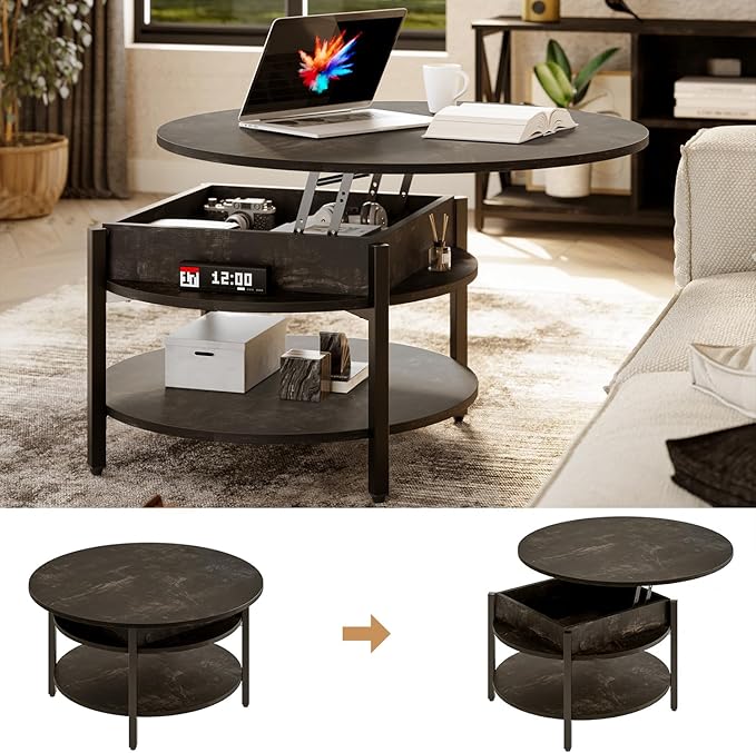 FABATO Round Lift Top Coffee Table with Storage and Hidden Compartment, 26.77'' Farmhouse Coffee Table for Living Room Reception Room, 2 Tier Small Round Coffee Table Circle Dining Table, Black Oak | Lift Top, with Storage, Hidden Compartment, Farmhous...