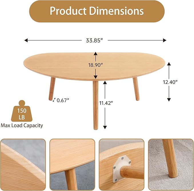 Small Oval Coffee Table Mid Century Modern for Living Room, Center Table,Solid Wood Coffee Table,Nature Wood (Nature Wood,18.9" D x 33.85" W 12.4" H)