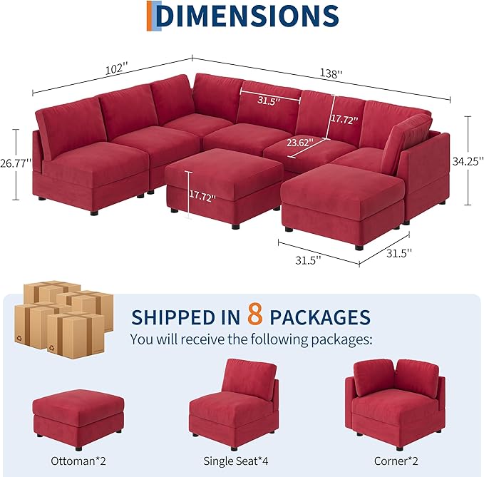 IDEALHOUSE 138" Modular Sectional Sofa, 8 Seater Sectional Couch, U-Shape Modern Sofa with Ottoman, Deep Seat, Oversized Convertible Modular Couch for Living Room Apartment Office, Chenille, Red
