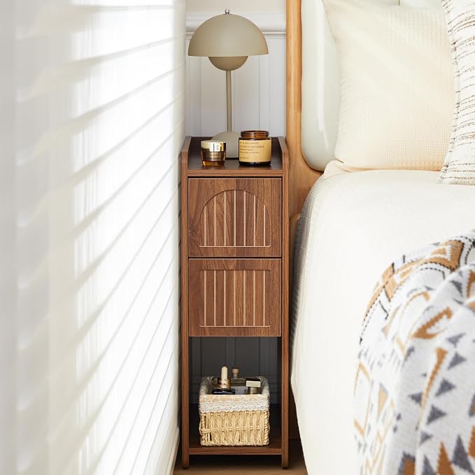 FurSch Fluted Narrow Nightstand & Skinny Bedside Table for Bedroom, Thin Night Stand Side End Table with 2 Drawers and Open Shelf for Small Spaces (Walnut-1 pc) by FurSchFurniture