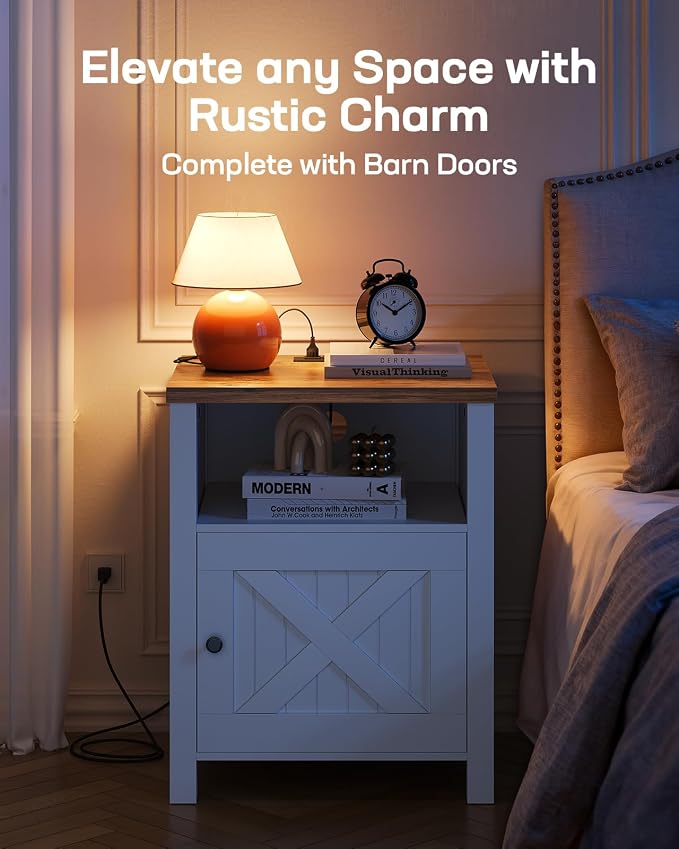 Marsail Farmhouse Nightstand Set of 2 with Charging Station, Wood Bedside Table with USB Port & AC Outlet, Open Shelf and Enclosed Cabinet, Side Table with Storage for Bedroom, Brown and White - Image 8