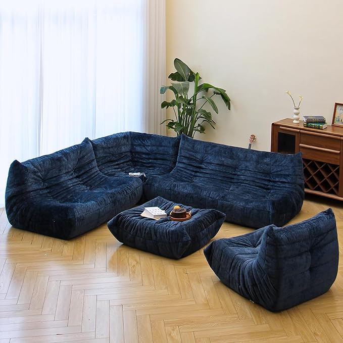 N&V Ottoman, Mid Century Armless Floor Sofa, Soft Premium Chenille Floor Lounge Chair, Foam Sofa Accent Chair for Living Room Bedroom and Office (Blue, Ottoman)