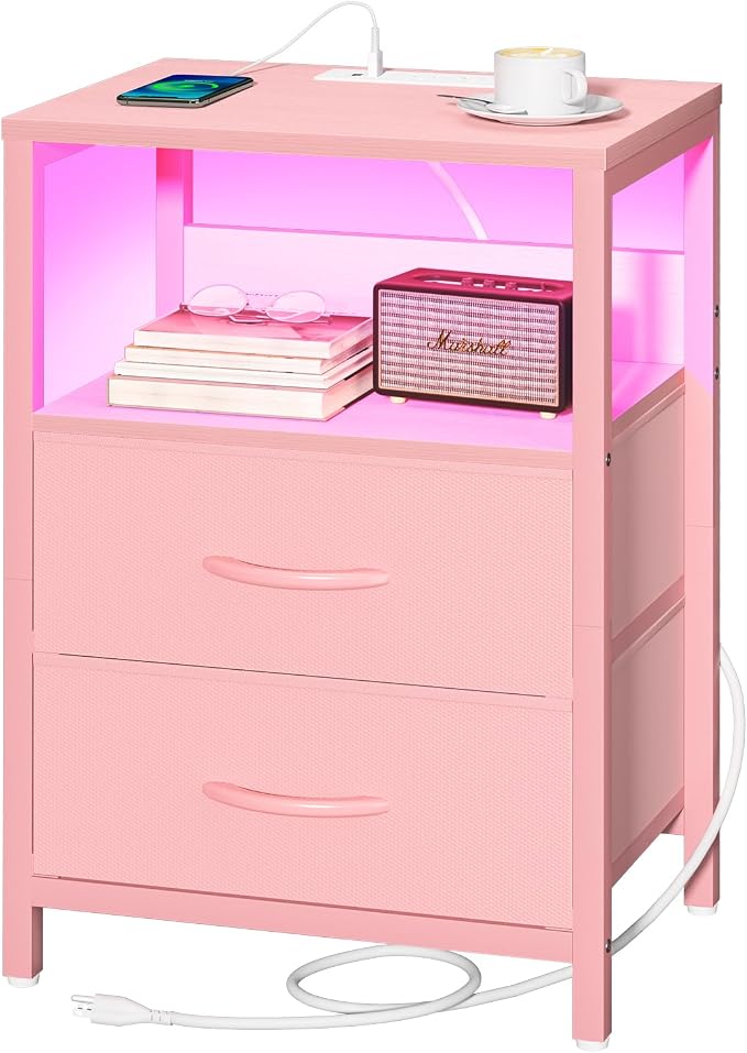 Yoobure Nightstand with Charging Station, LED Night Stand with Fabric Drawers and Storage Shelf for Bedroom, Nightstands Bedside Tables with USB Ports & Outlets, Small Night Stands, Bed Side Table by Yoobure