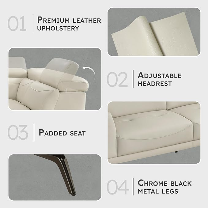 Lexicon L-Shaped Sectional Couch with Right Chaise, Top Grain Leather Match Sectional Sofa, Adjustable Headrests, Black Chrome Metal Legs, High-Density Cushions, Stitching, for Living Room, Beige