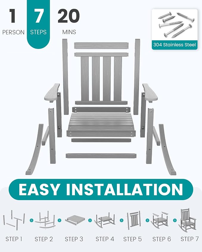 SEWALL HDPE Rocking Chair, Oversized Outdoor Rocking Chair for Adults, Patio Rocker for Porch, Sliver Gray - Image 7