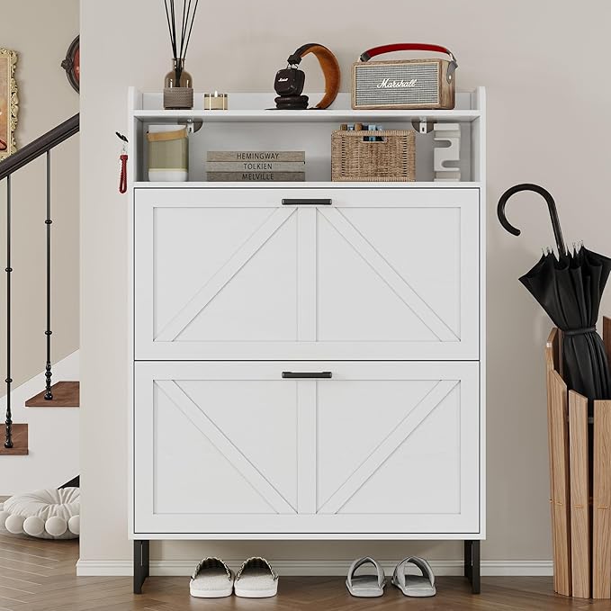 BORNOON Shoe Cabinet with 2 Flip Drawers Narrow Shoe Storage Cabinet Organizer Wooden Freestanding Shoe Rack Hidden Slim Shoes Storage Cabinet for Entryway, Hallway, Bedroom - Image 4