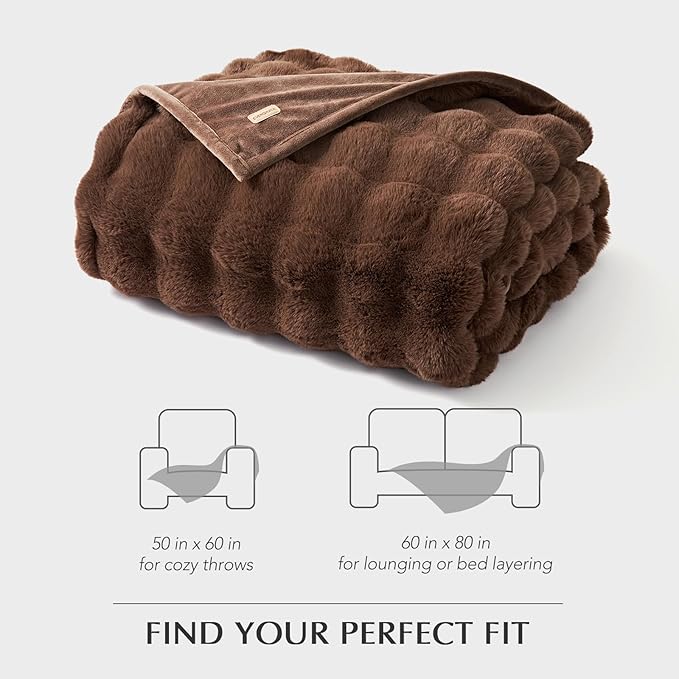 EverGrace Ultra Soft Luxury Fluffy Faux Rabbit Fur Throw Blanket, Thick Warm Bubble Throw for Bed, Cozy Plush Reversible Blankets for Couch, Chair, Sofa, Chestnut, 60x80 Inches