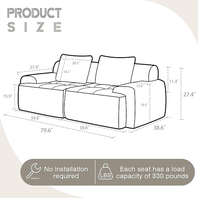 Modular Sectional Sofa, Boneless Couches for Living Room, Corduroy Couch, Big Comfy Couch, Modular Cloud Sofa with Deep Seat (Grey, 2 Pieces-Loveseat)