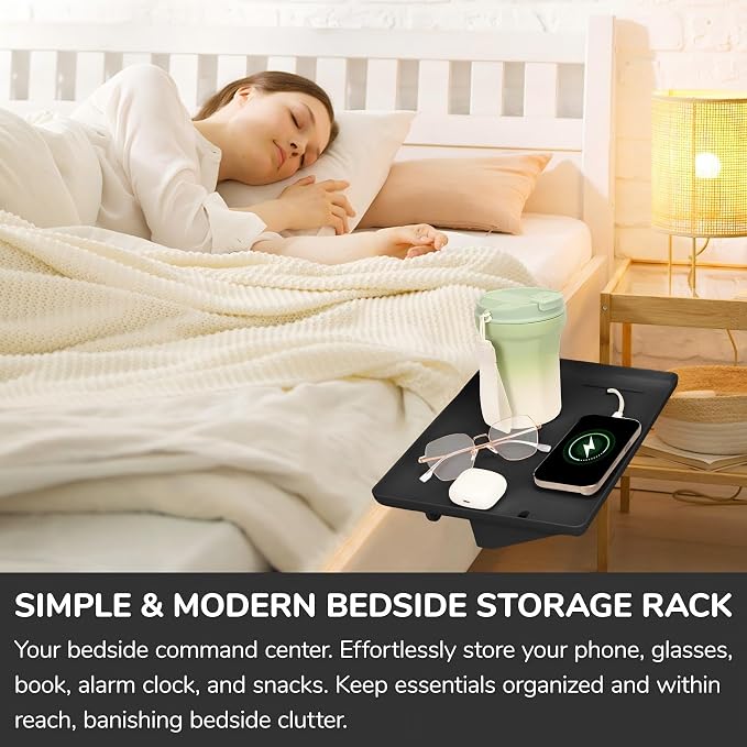 Bedside Shelf for Bunk Beds & Top Bunk, Clip On Nightstand with Cable Catch, White, 35lbs Capacity, College Dorm Room & Kids Room (Black) - Image 3