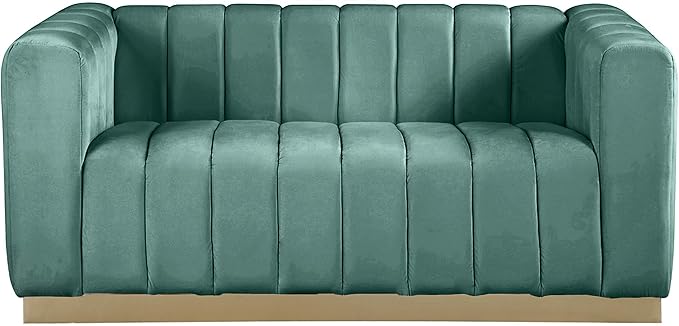 Meridian Furniture 603Mint-L Marlon Collection Modern | Contemporary Velvet Upholstered Loveseat with Deep Channel Tufting, Stainless Steel Base in a Brushed Gold Finish, Mint, 62.5" W x 34" D x 28" H