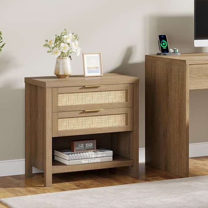Eclatara Rattan Nightstands Set of 2, Farmhouse Bedside Table with 2 Drawers and Storage Shelf, Rattan Boho Accent Night Stands for Bedroom Large Space Sofa (2, Reclaimed Caramel Oak) - Image 7
