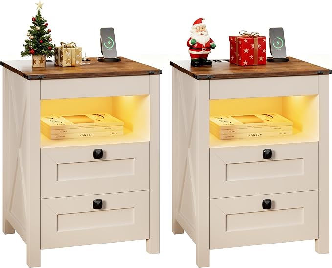 TAGELIER Night Stand Set 2 with Gun Drawer, Farmhouse Bedside Table with Charging Station, Gun Nightstand with LED Light & Human Sensor, Smart End Table for Bedroom, Antique White by TAGELIER