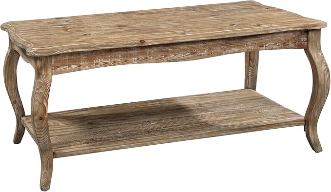 Alaterre Furniture Austerity 42-Inch Rustic Coffee Table with Open Shelf, Curved Legs, and Scalloped Edge - Easy Assembly Reclaimed Wood Living Room Table - Farmhouse Furniture (Driftwood Finish)