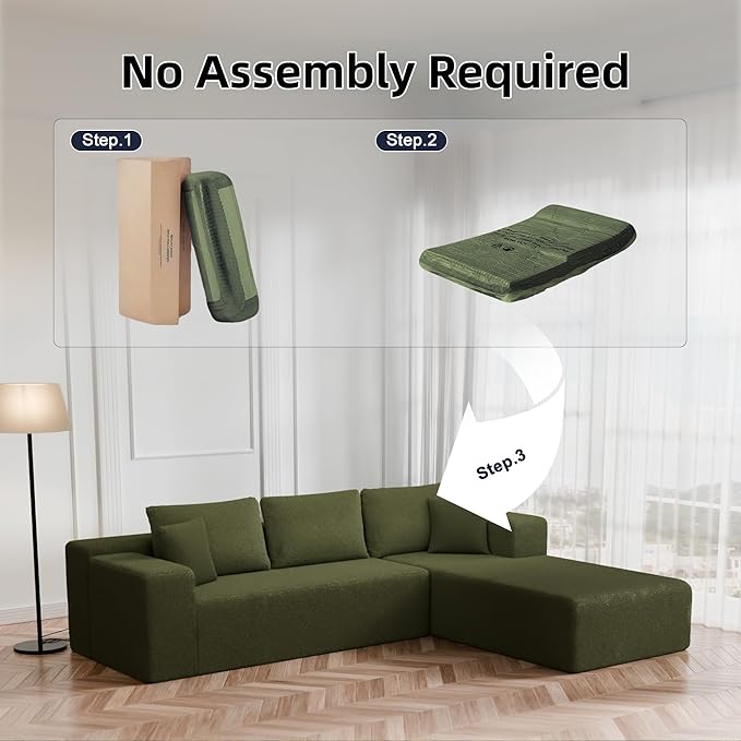 105" Cloud Sectional Couch with L-Shape Chaise,Modern Modular Sofa with Deep Seat, Fluffy Boneless Couches for Living Room Bedroom,No Assembly Required, Green (Plush Wool Fabric)