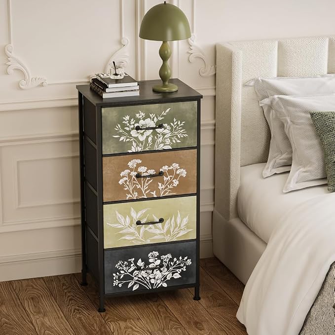 Tohomeor Vintage Dresser Vertical Nightstand with Neutral Botanical Plant Fabric Chest Drawers for Closet Bathroom Storage Tower Unit Bed Side Organizer Farmhouse Rustic (Multi, 4 Drawers) - Image 4