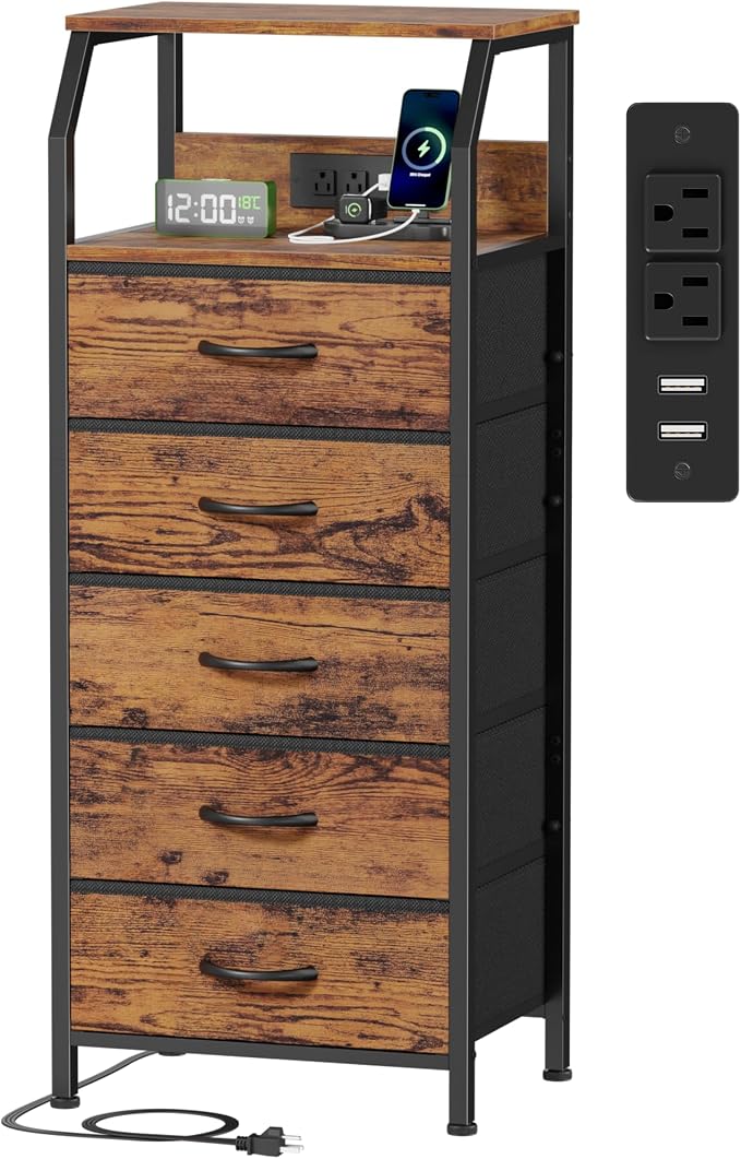 Furnulem 5 Drawers Dresser with Charging Station, Tall Night Stand with Storage Shelf, Fabric Chest of Drawers, Bedside Table for Closet, Entryway, Bedroom Furniture, 3 Ways to Use, Rustic Brown by Furnulem