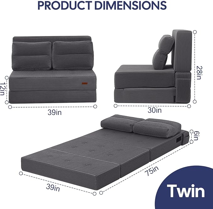 COMAX Folding Sofa Bed, Foldable Couch for Bedroom, Convertible Floor Sleeper Futon Chair Foam, Corduroy 3 in 1 Fold Out Chair Portable Comfy Lounge Couch Sofa Bed for Small Space, Twin, Grey