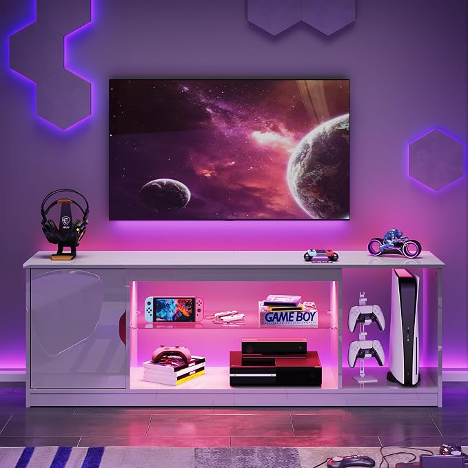 Bestier 57" Gloss White TV Stand for 65" TVs - Modern Gaming Console Unit with Glass Shelves, PS5/Xbox Cabinet, Adjustable Height Entertainment Center for Bedroom & Living Room - Image 4