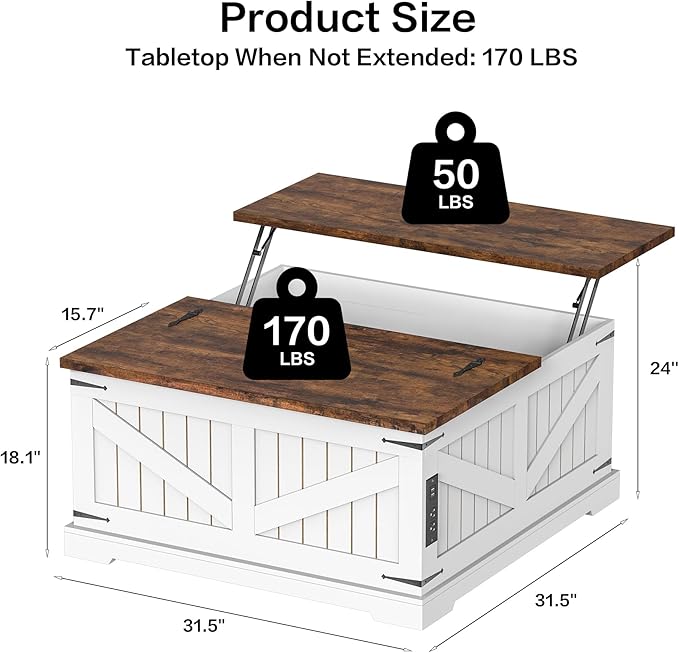 36" Lift Top Coffee Table with Storage and Charging Station, Farmhouse Square Coffee Table with Hidden Compartment, Adjustable Laptop Desk for Living Room, USB Ports and Outlets