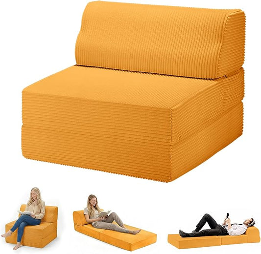 Folding Sofa Bed with Pillow, Memory Foam Fold Out Chair Bed, Convertible Sleeper Chair with Washable Cover, Futon Floor Couch for Living Room/Dorm/Guest Use/Home Office/Apartment,Orange