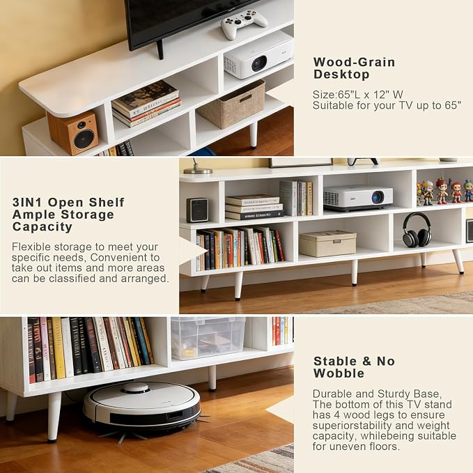 Lightdot 65 Inch TV Stand, up to 75 Inch TVs, Large Storage for Collection with 8 Open Shelves, Sturdy Media Console Table for Living Room/Entrance/Kitchen/Sofa Cabinet, Easy Assembly, White - Image 5