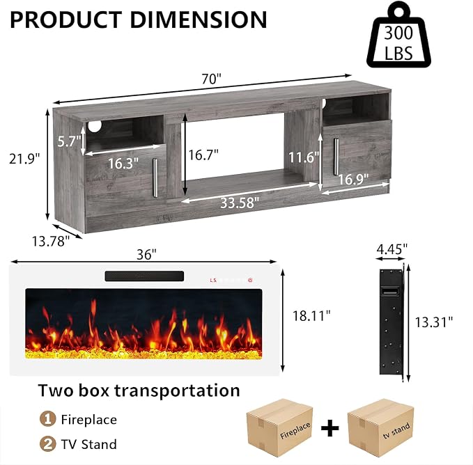 PRETZI Fireplace TV Stand with 36" Fireplace Up to 80" TVs, 70" Entertainment Center with LED Lights,Remote Control, TV Media Console with Storage Cabinets for Living Room,White+Grey - Image 2