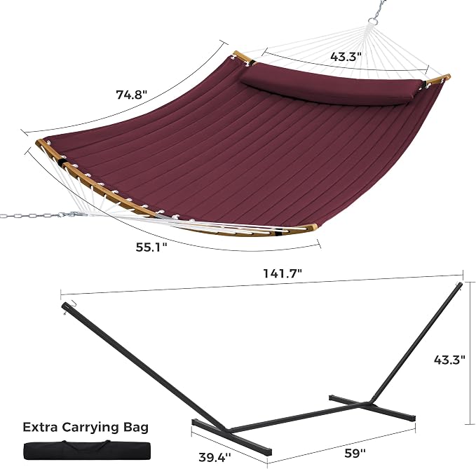 SUPERJARE Curved-Bar Hammock with Stand, 2 Person Heavy Duty Hammock Frame, Detachable Pillow & Portable Carrying Bag, Perfect for Outdoor & Indoor, Burgundy - Image 8