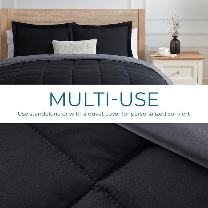Nestl 3 Piece Quilted Down Alternative Comforter Oversized King Size With 2 Pillow Shams - All Season Black/Grey Duvet Insert With Corner Tabs