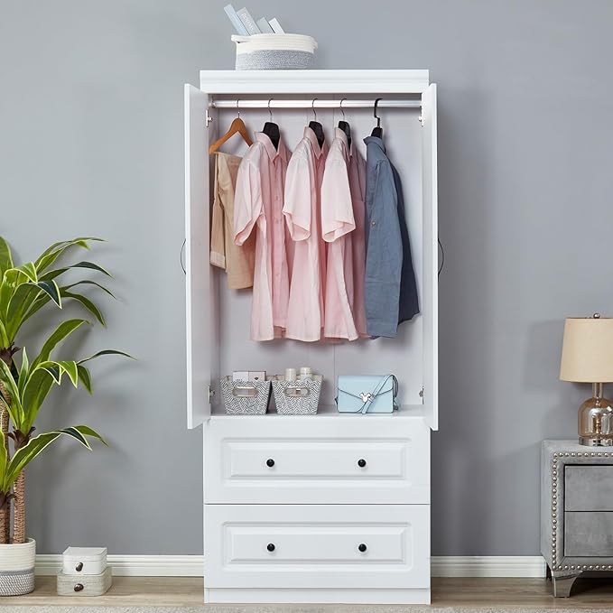 Wood Armoire Wardrobe Closet White Large Storage Clothes Cabinet Tall with 2 Doors, Wardrobe Cabinet with 2 Drawers, Armoires and Wardrobes with Hanging Rod and Shelves for Bedroom