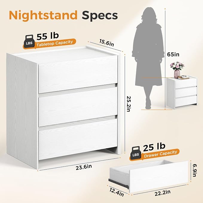 Nightstand Set of 2, White Handle-Free Nightstand with 3 Drawers, 23.6" W Raised Lip Bedside Table, Modern Minimalist Night Stand, End Table, Easy Assembly for Bedroom Apartment Small Space - Image 2