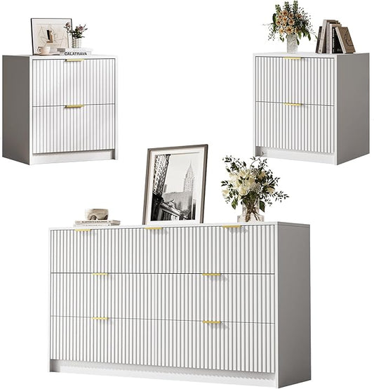 MAISONARIA 3-Piece Dresser Bedroom Set, 7 Drawer Dresser & 2 Drawer Nightstands with Gold Handles, Fluted Wood Chest of Drawers for Bedroom, Living Room, Entryway, White